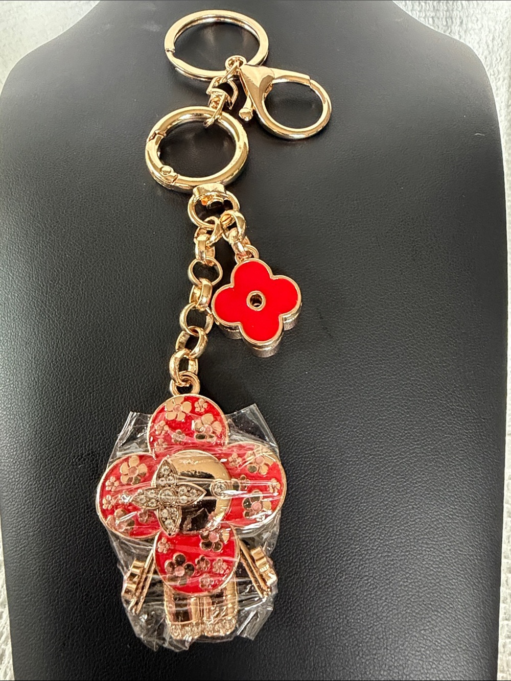 Source Unknown Gold-Tone Keychain with Red Floral Charms